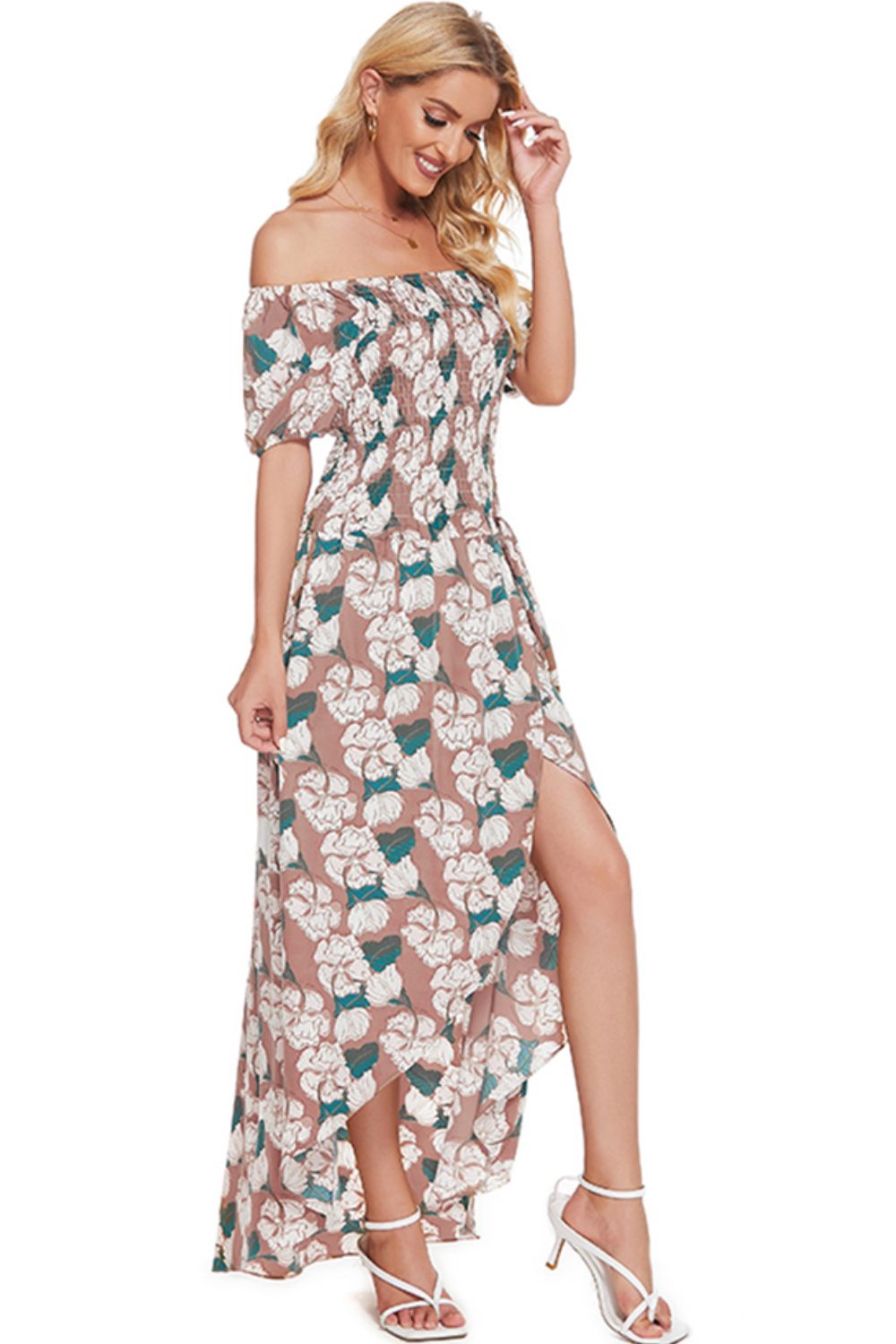 Floral Off-Shoulder Slit Maxi Dress - ClozArt