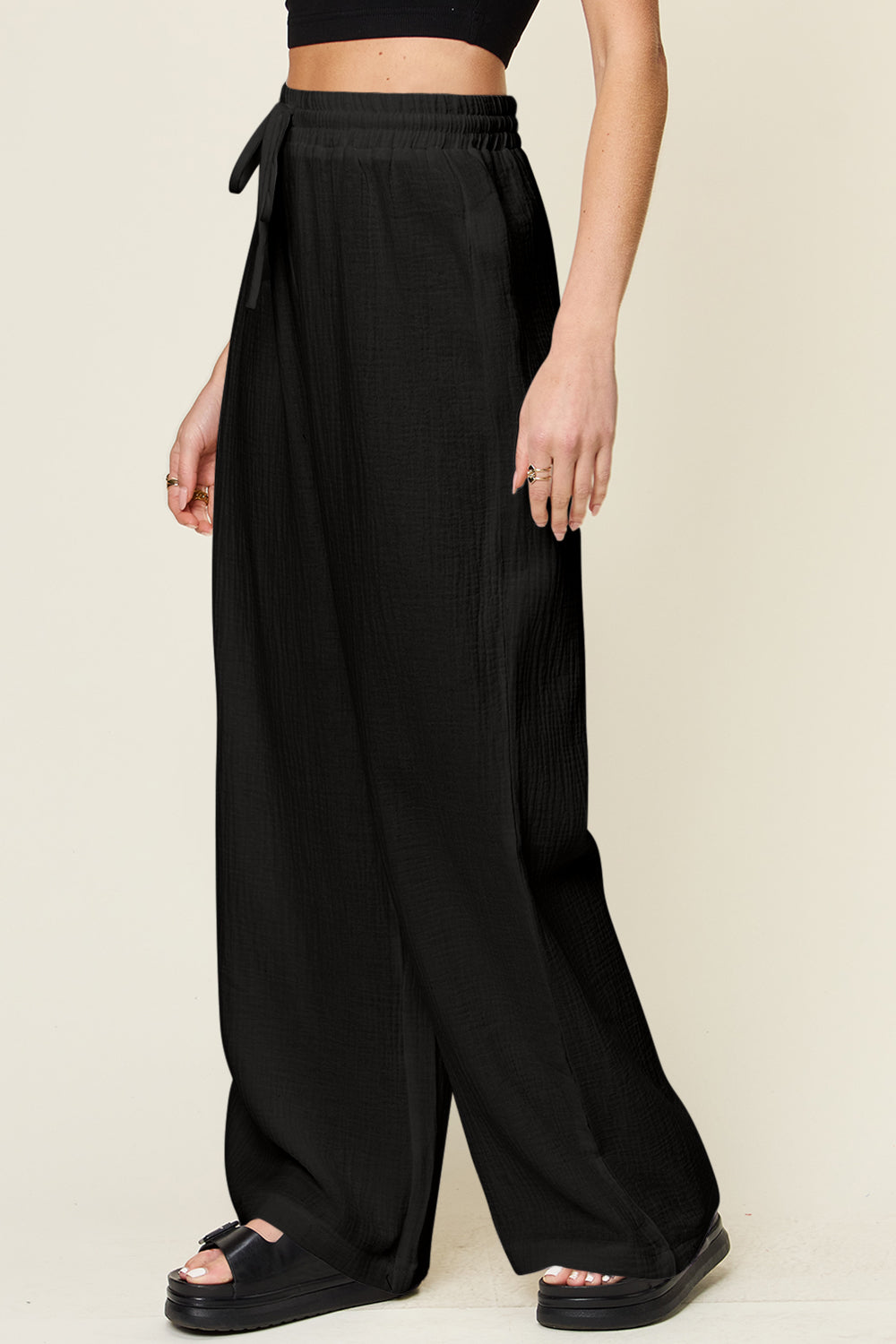 Double Take Full Size Texture Drawstring Wide Leg Pants - ClozArt