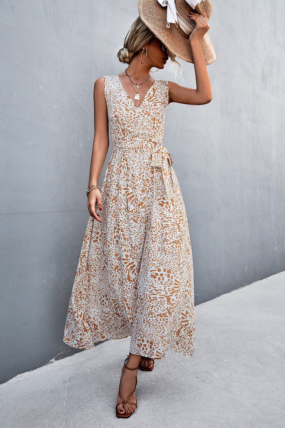 Printed V-Neck Tie Waist Maxi Dress - ClozArt