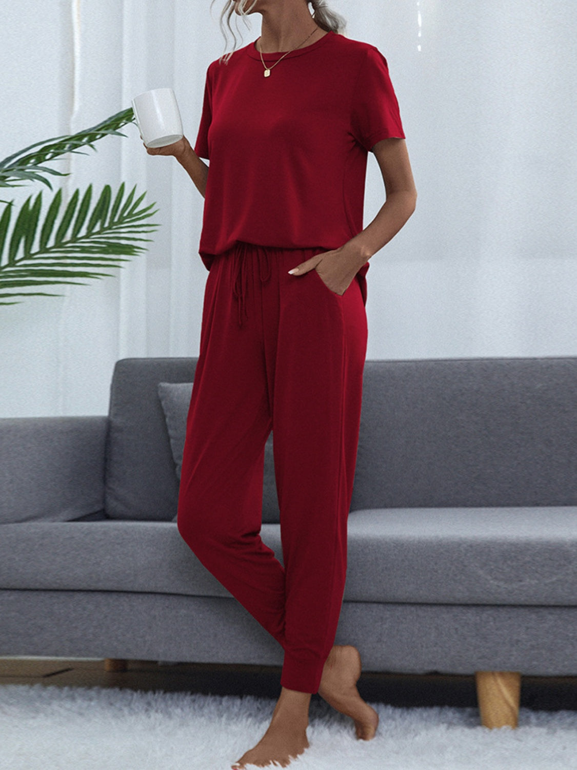 Shiny Round Neck Top and Pants Lounge Set