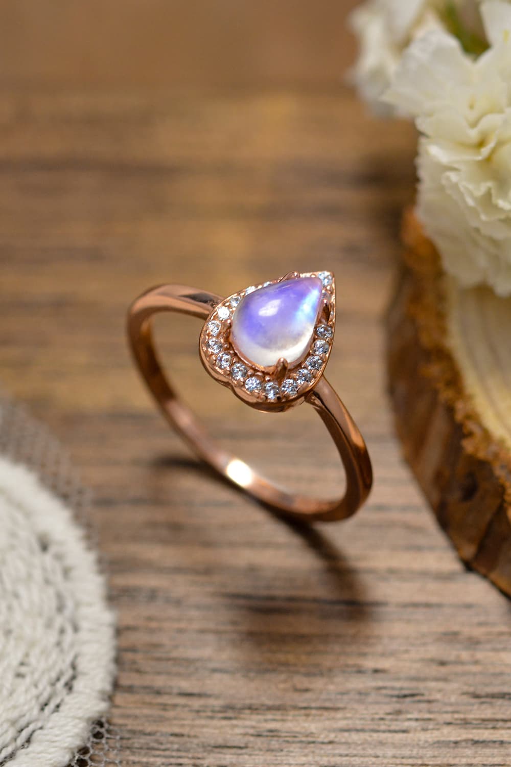 Moonstone Teardrop 925 Sterling Silver Halo Ring - ClozArt