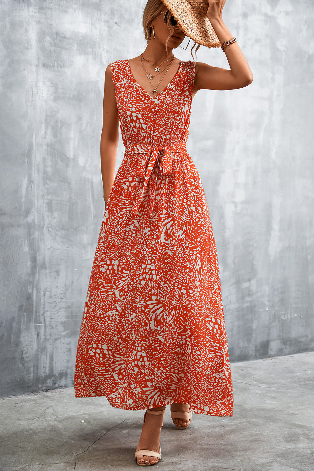 Printed V-Neck Tie Waist Maxi Dress - ClozArt