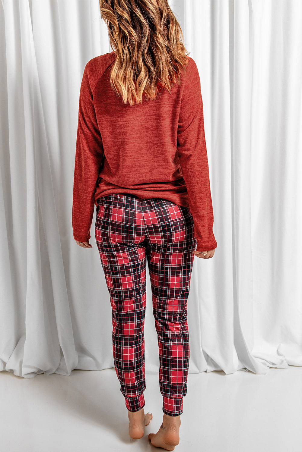 Round Neck Top and Drawstring Plaid Pants Lounge Set