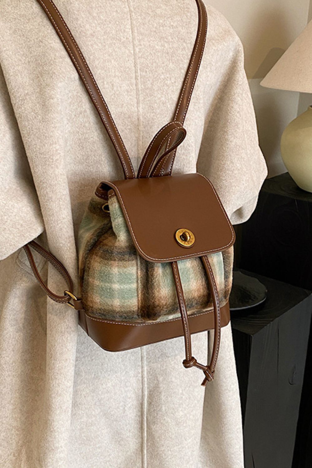 PU Leather Drawstring Plaid Backpack Bag - ClozArt