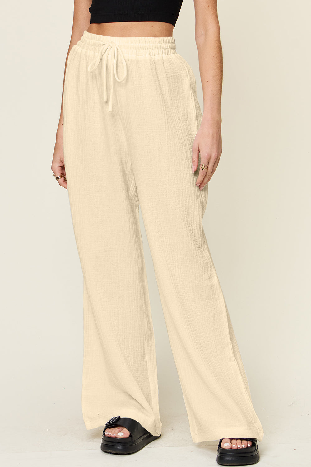 Double Take Full Size Texture Drawstring Wide Leg Pants - ClozArt