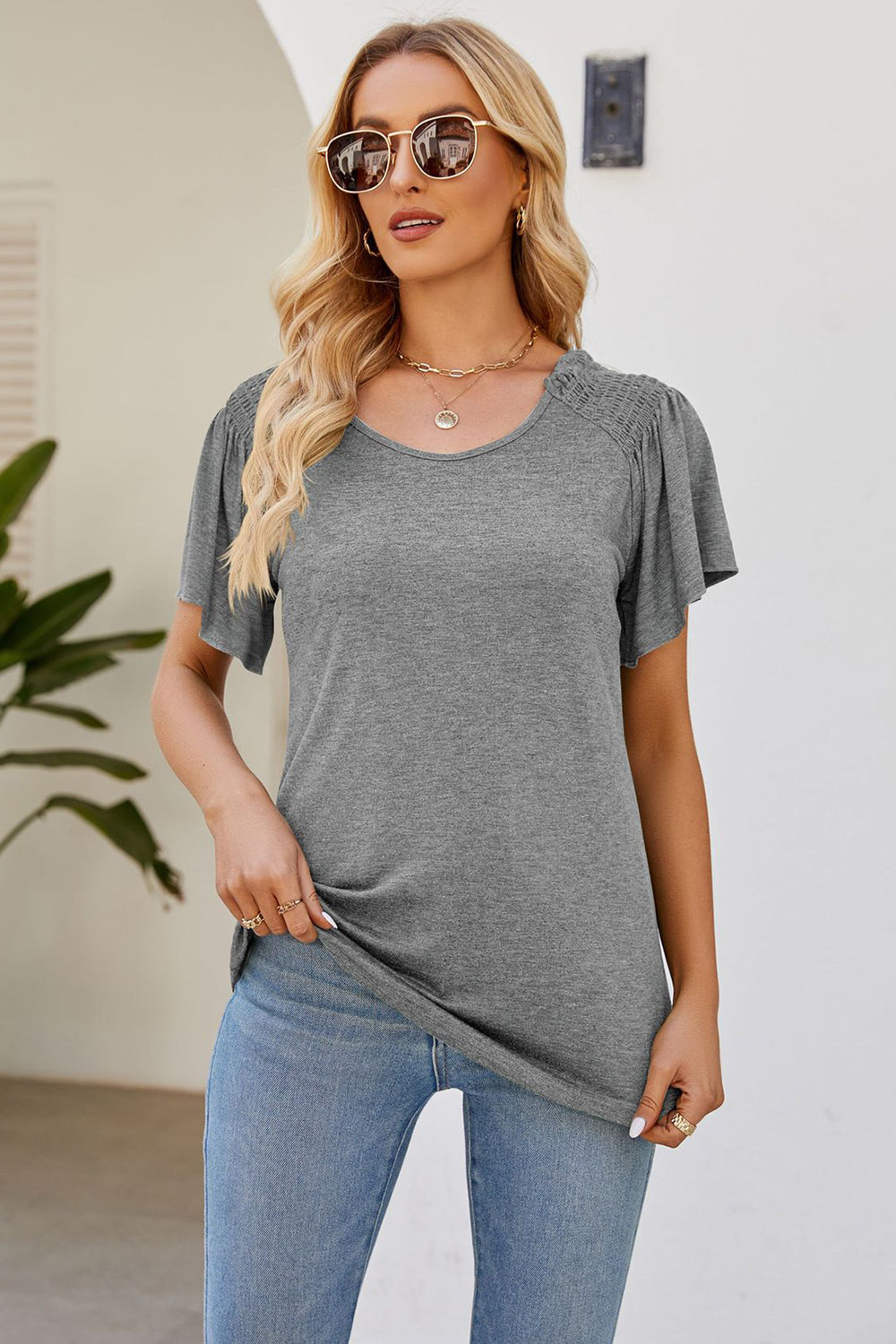 Smocked Round Neck Flutter Sleeve T-Shirt