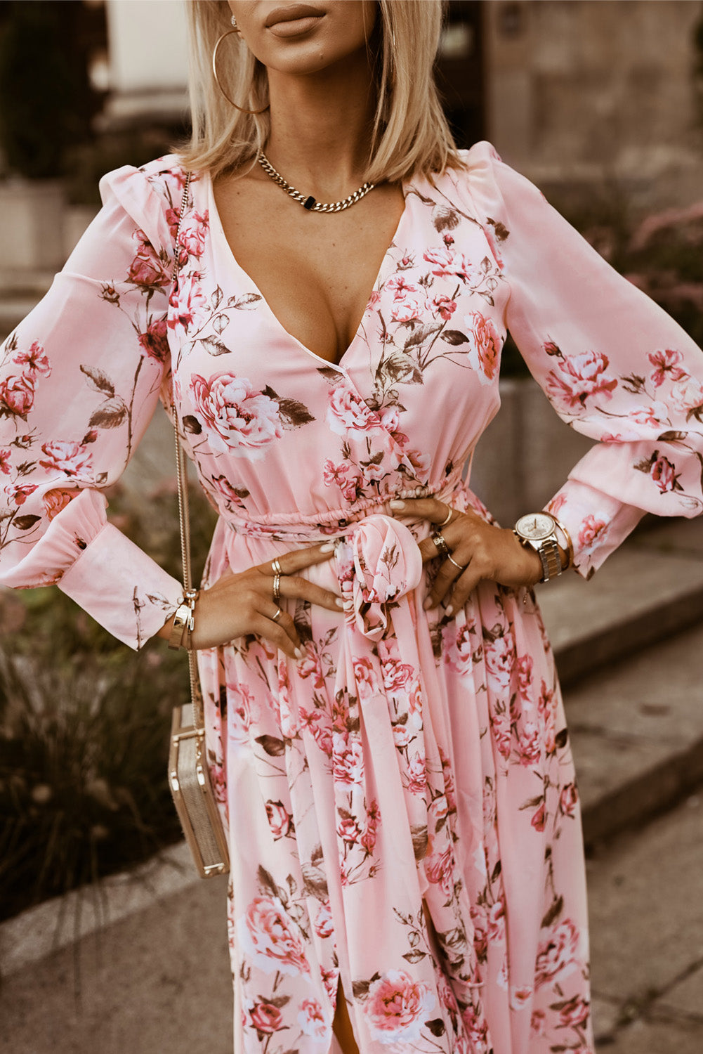 Floral Tie Belt Bishop Sleeve Slit Maxi Dress - ClozArt