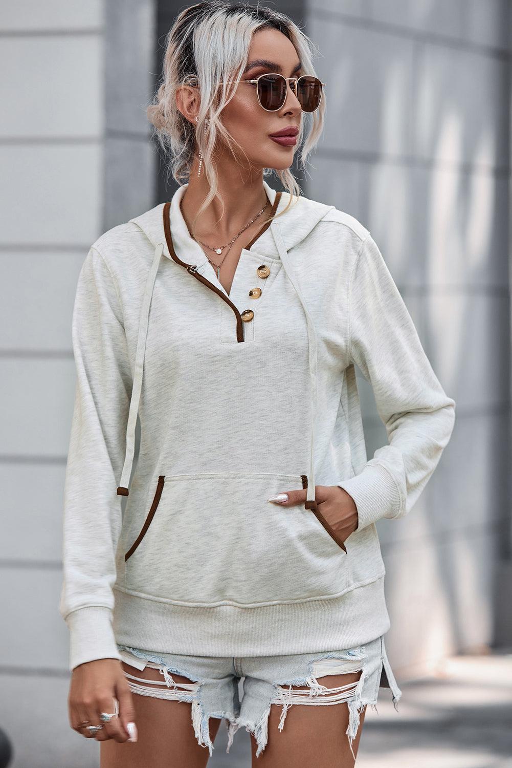 Half Button Drawstring Long Sleeve Hoodie