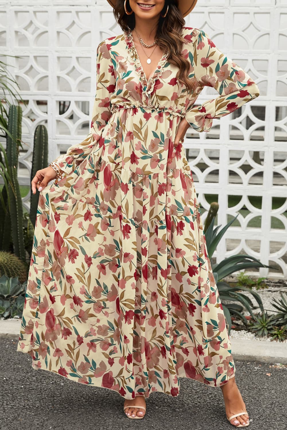 Floral Frill Trim Flounce Sleeve Plunge Maxi Dress - ClozArt