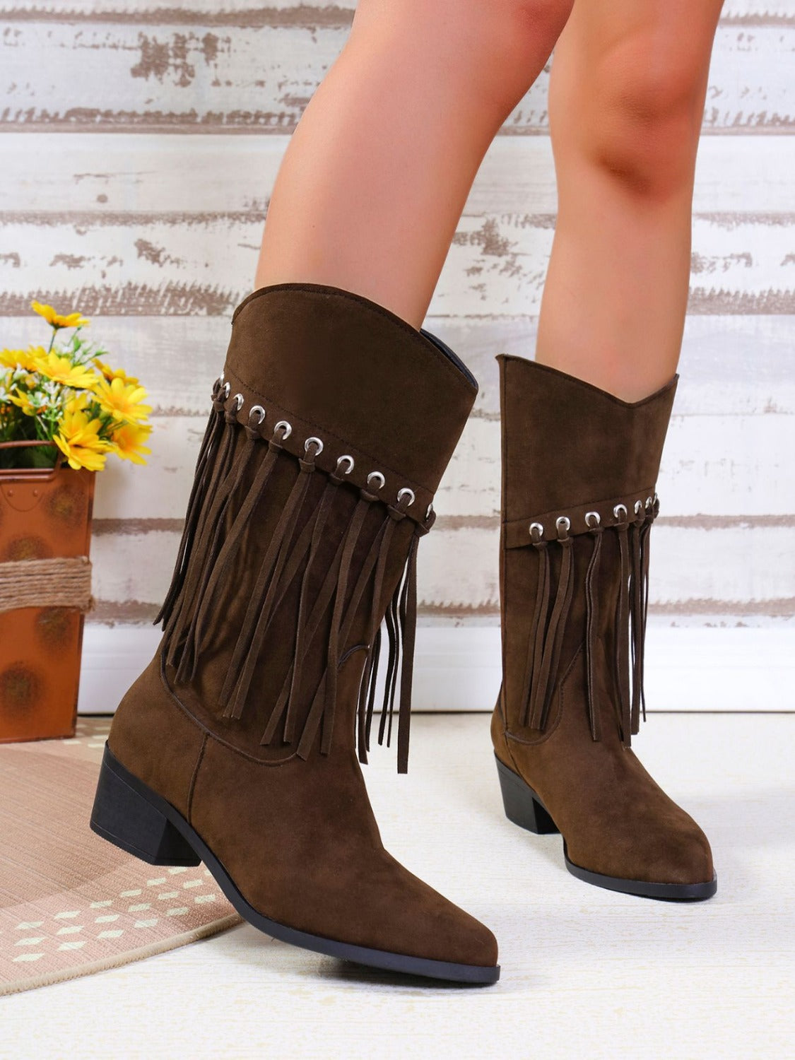 Fringe Suede Point Toe Block Heel Boots - ClozArt