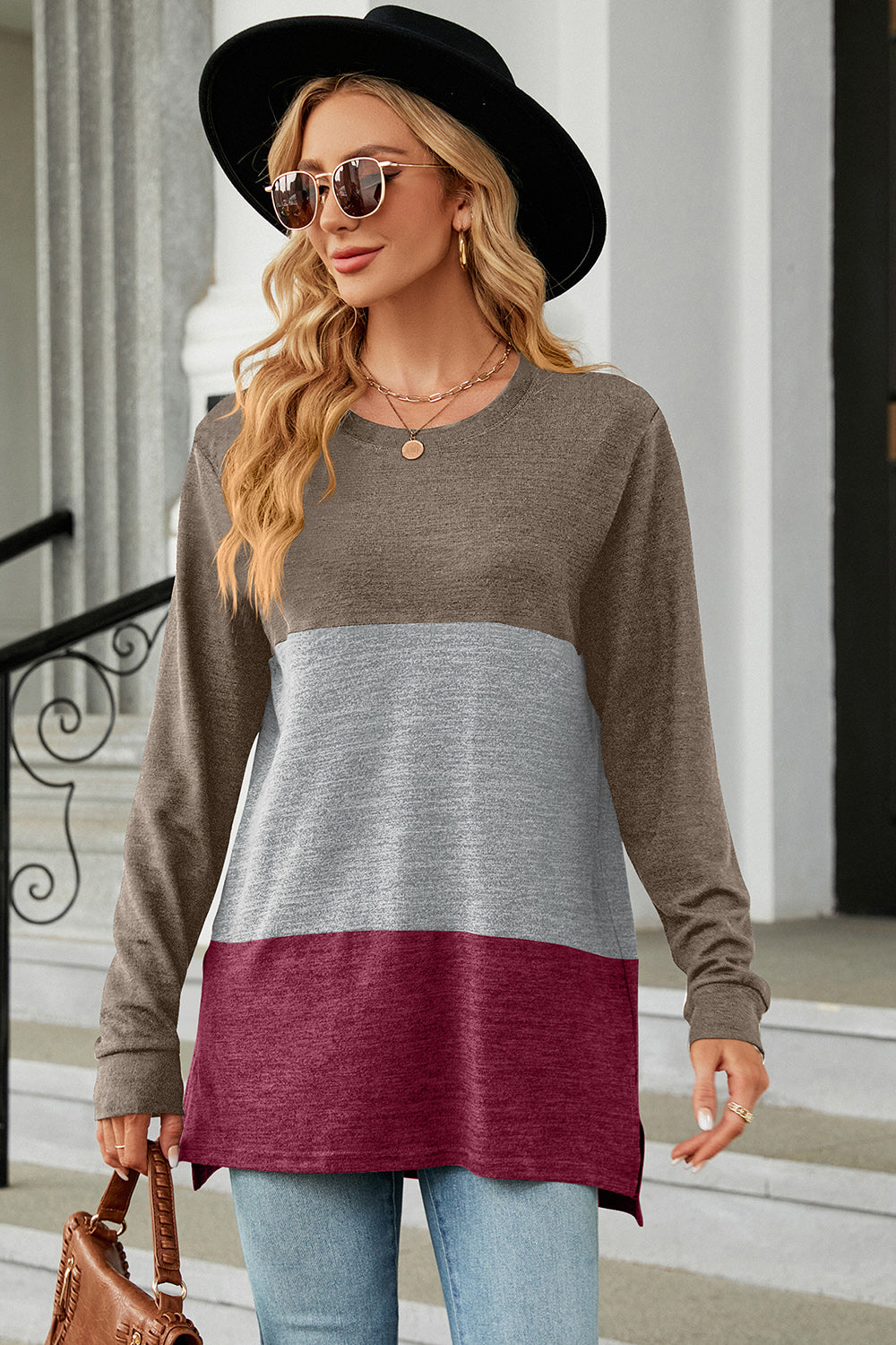 Color Block Round Neck Long Sleeve T-Shirt