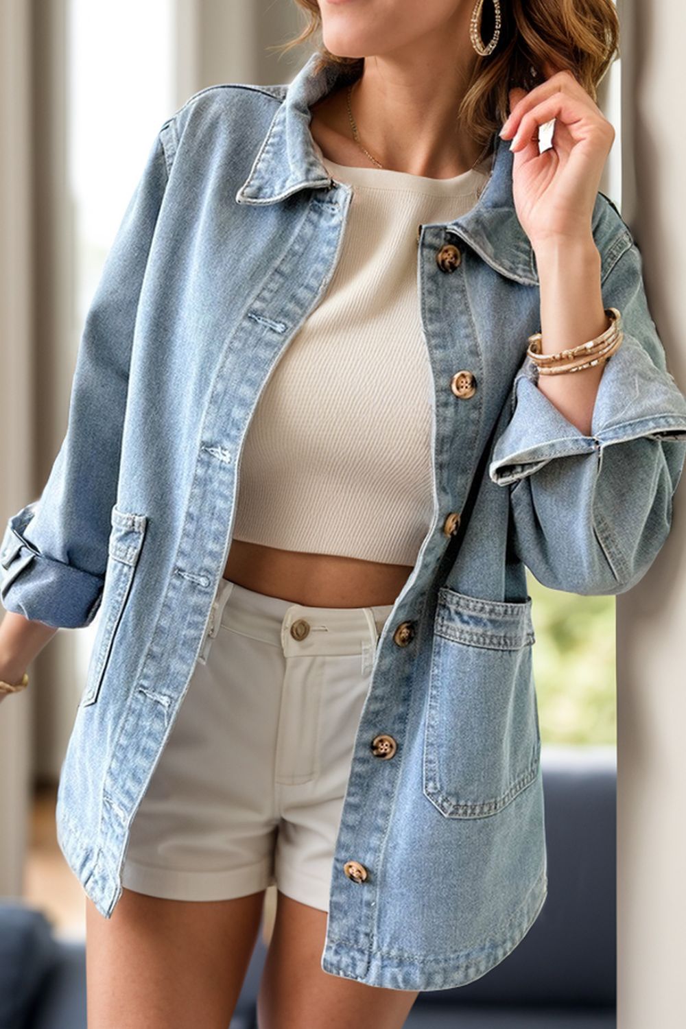 Pocketed Button Up Long Sleeve Denim Jacket