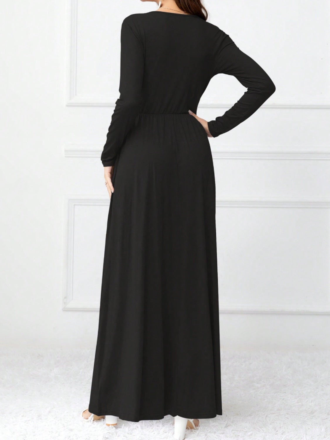 Pocketed Surplice Long Sleeve Maxi Dress - ClozArt