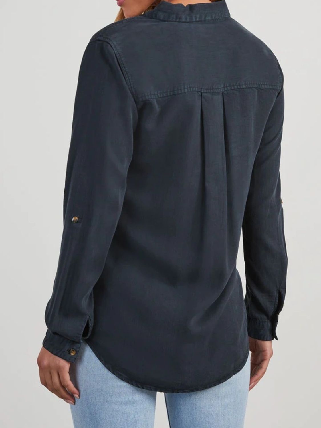 Collared Neck Roll-Tab Sleeve Denim Top