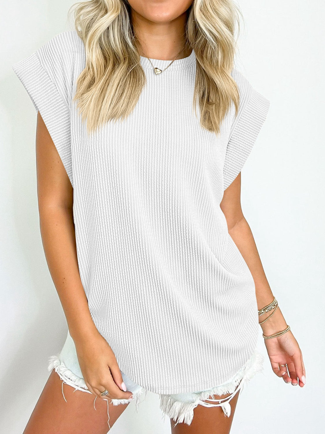 Lovelet Textured Round Neck Cap Sleeve Blouse