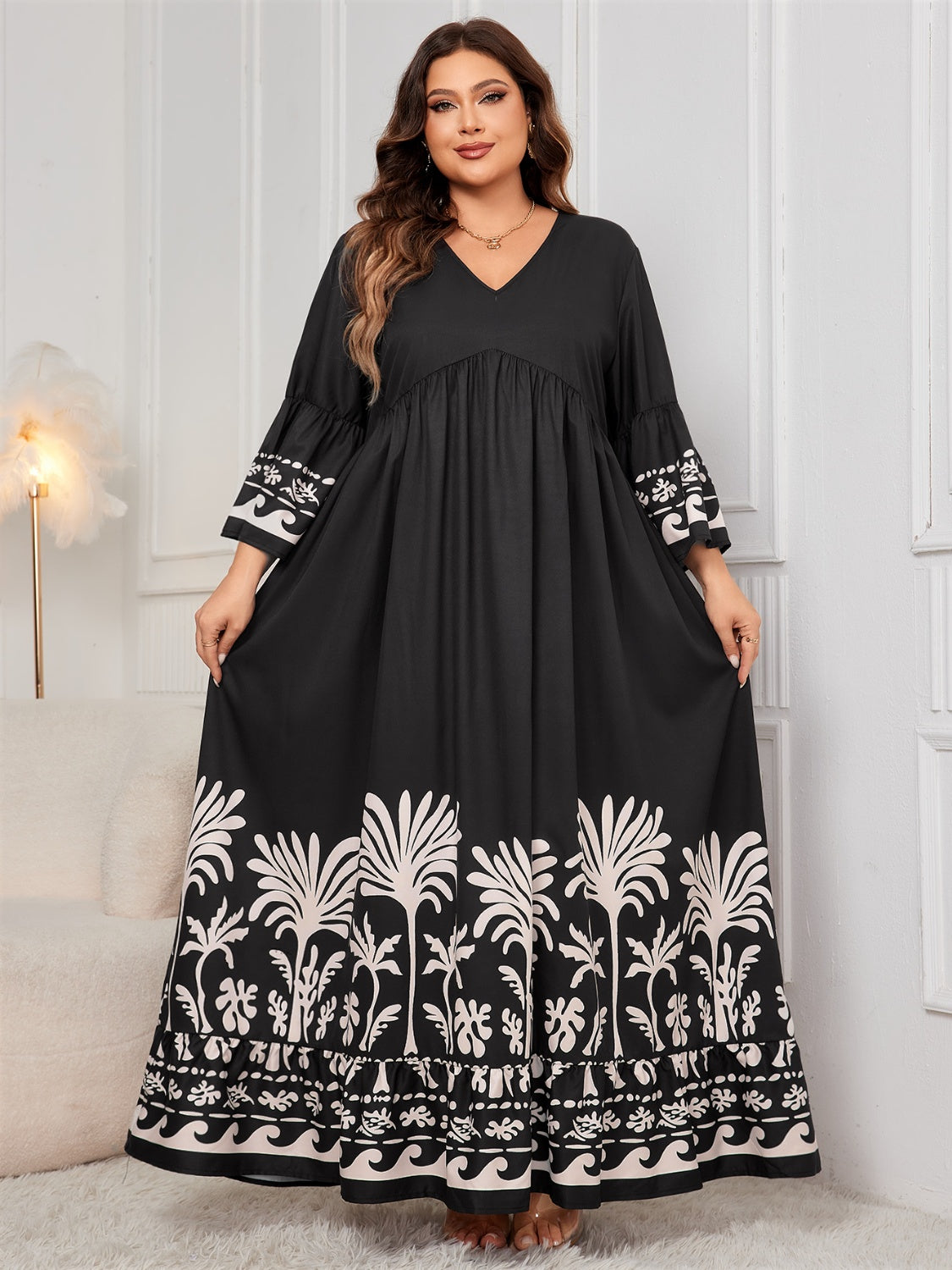 Honey Plus Size Printed V-Neck Long Sleeve Maxi Dress - ClozArt