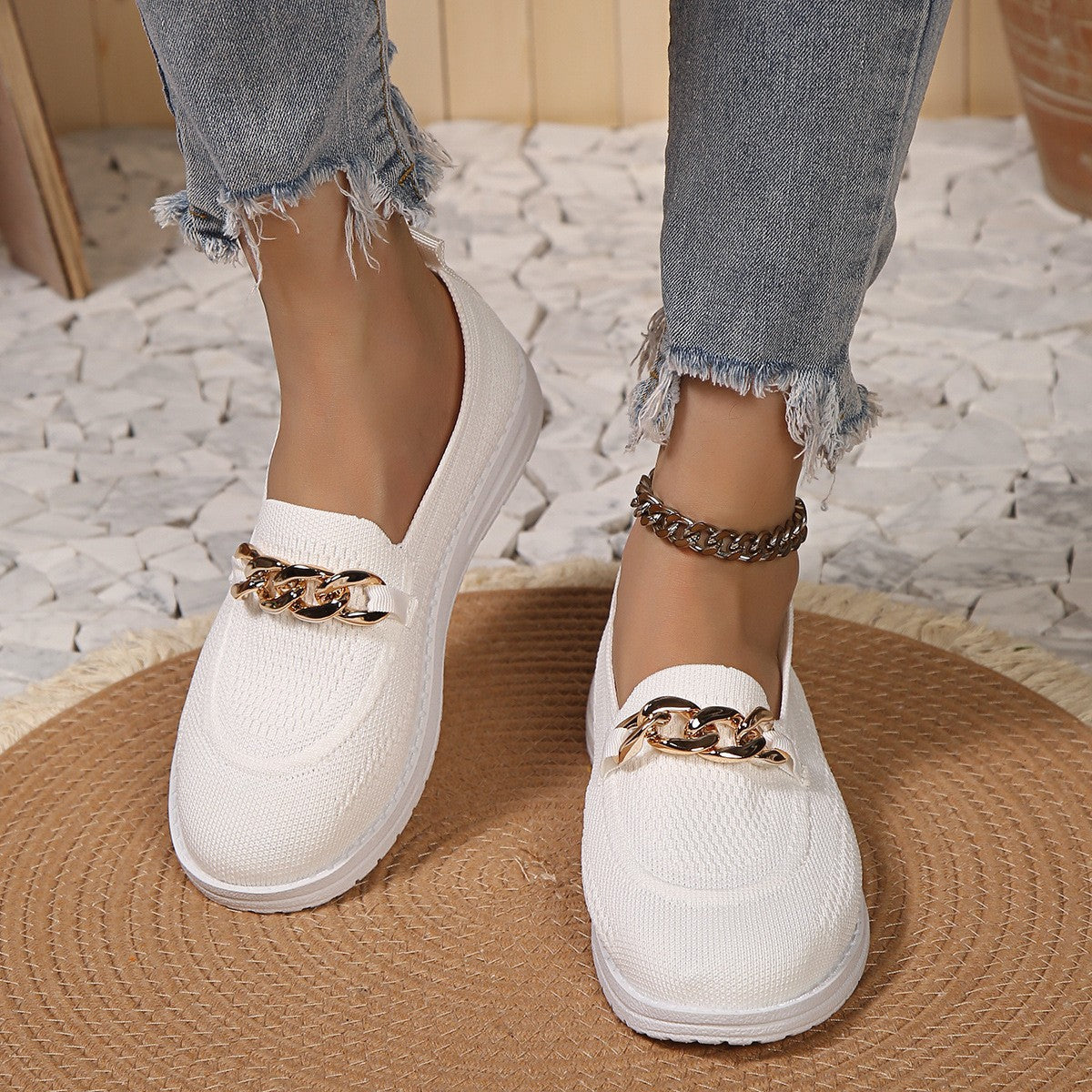 Chain Trim Round Toe Slip-Ons - ClozArt