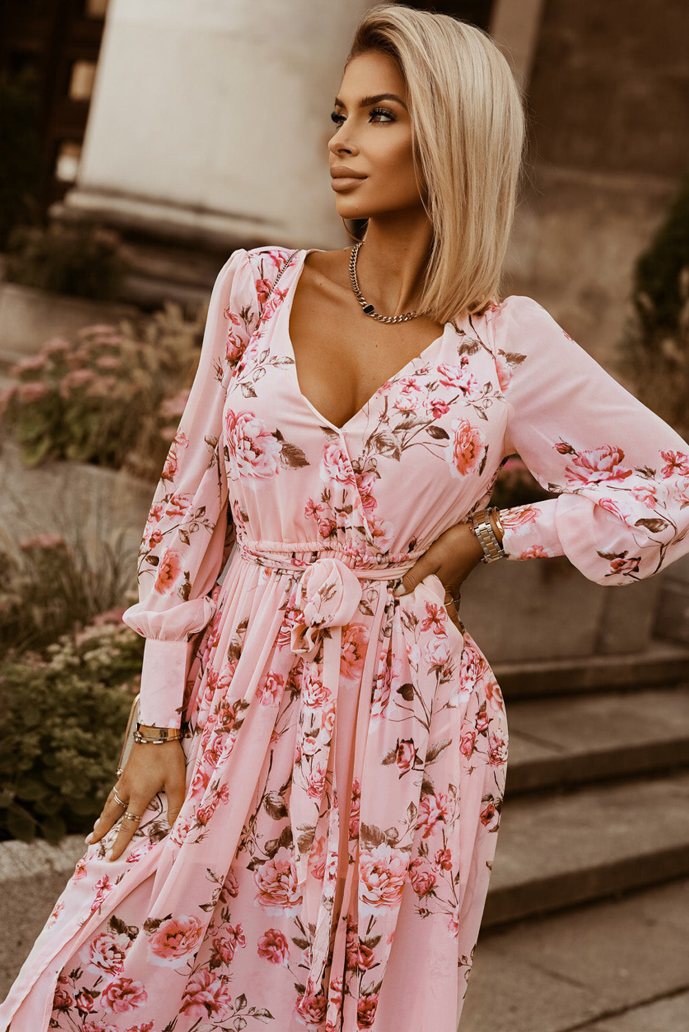 Floral Tie Belt Bishop Sleeve Slit Maxi Dress - ClozArt