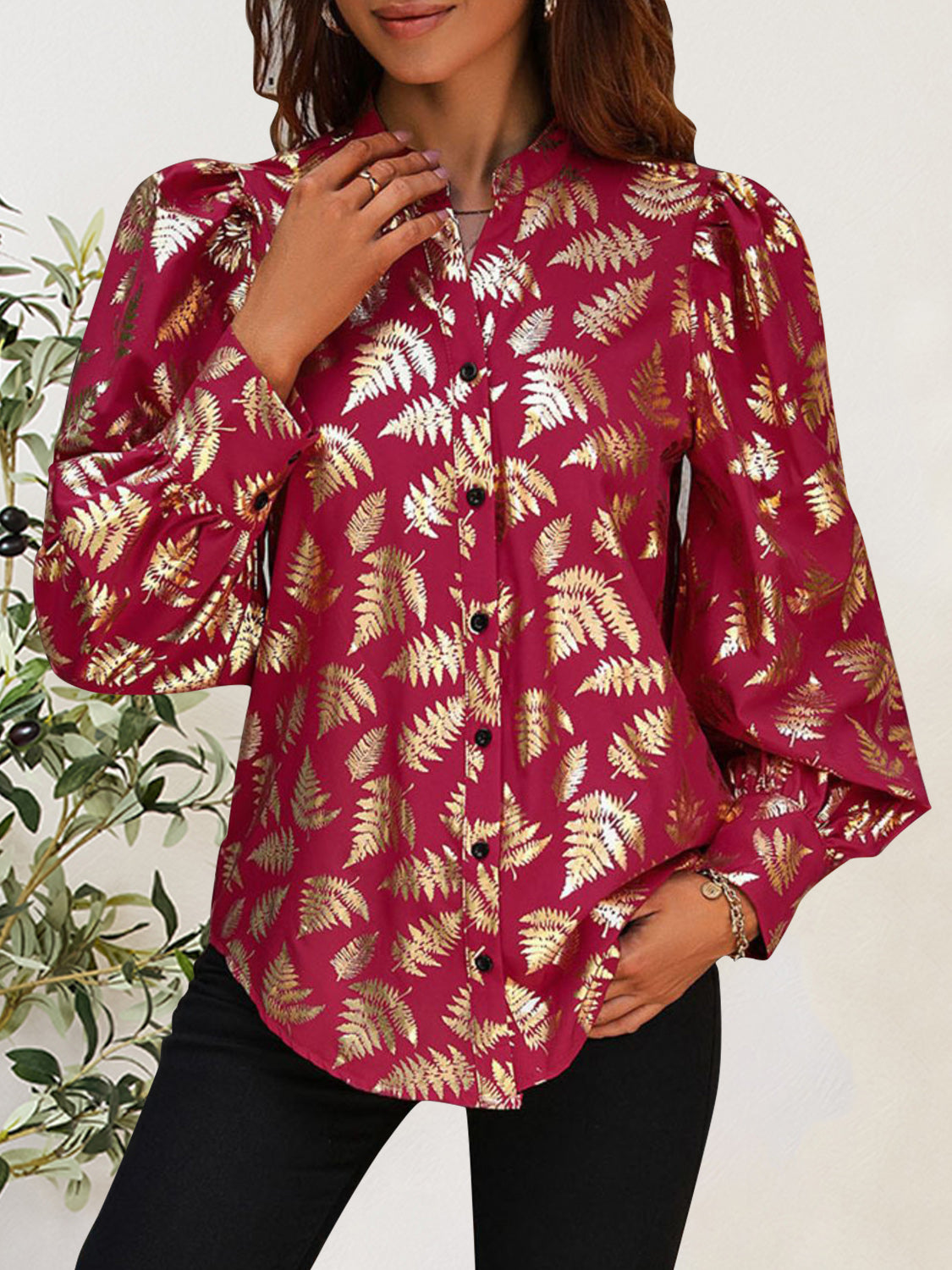 Perfee Printed Notched Long Sleeve Shirt