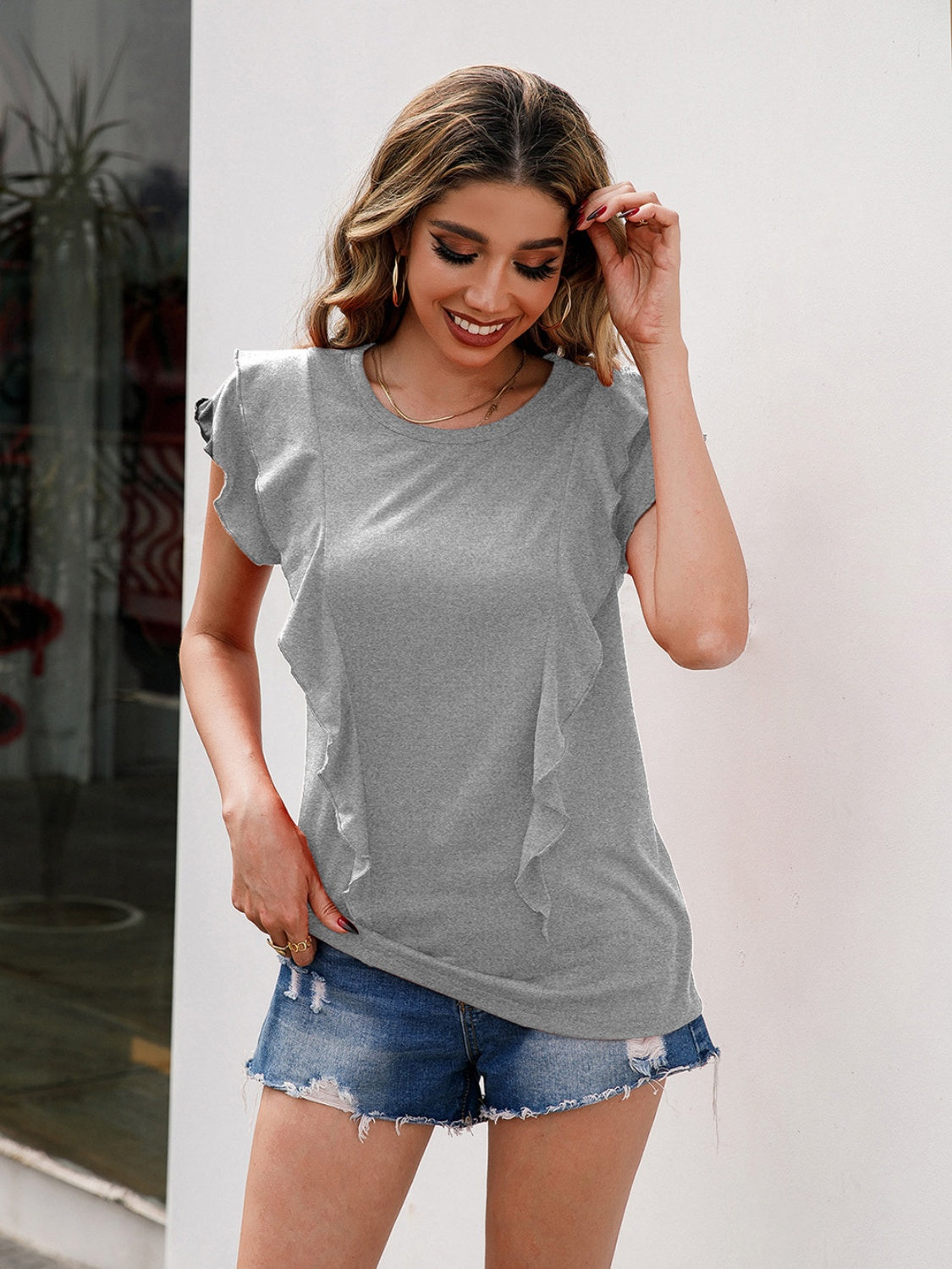 Ivy Lane Ruffled Round Neck Cap Sleeve T-Shirt