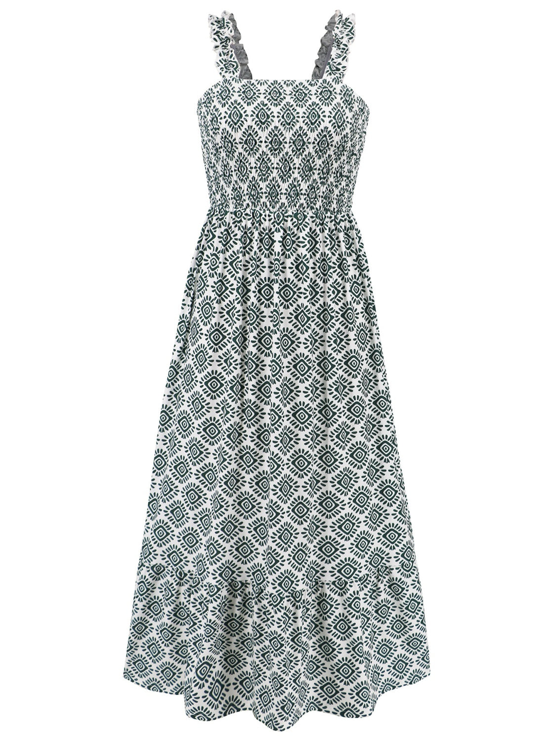 Smocked Printed Square Neck Sleeveless Dress - ClozArt