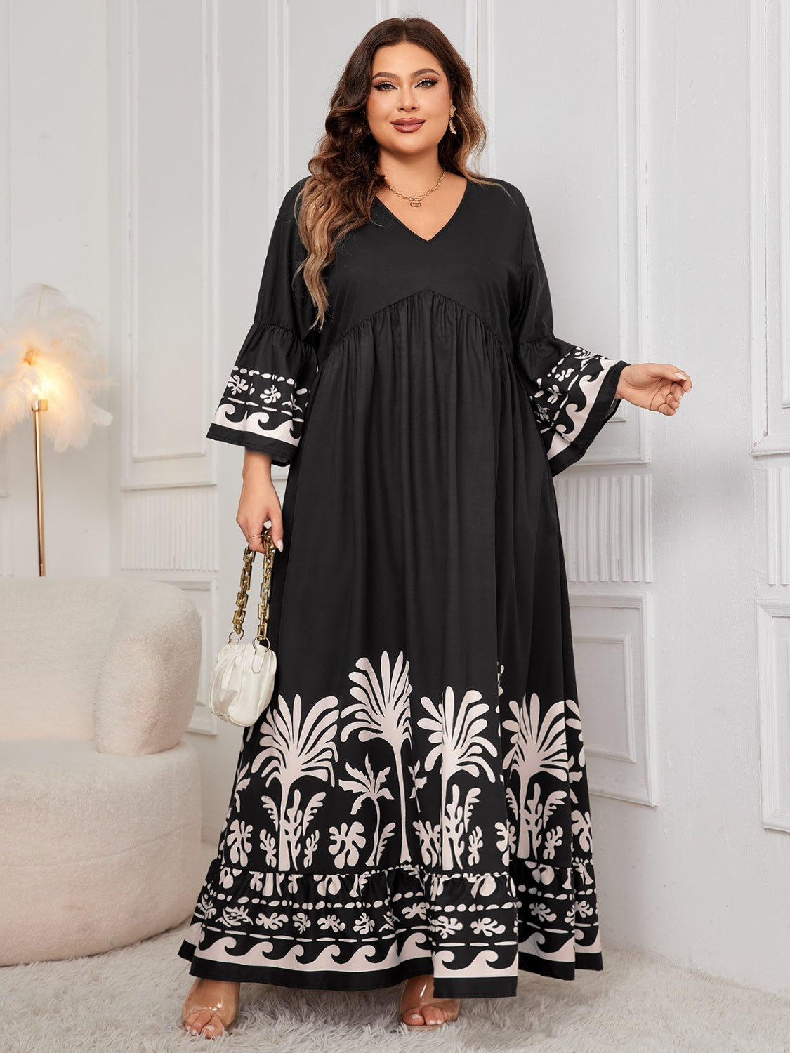 Honey Plus Size Printed V-Neck Long Sleeve Maxi Dress - ClozArt