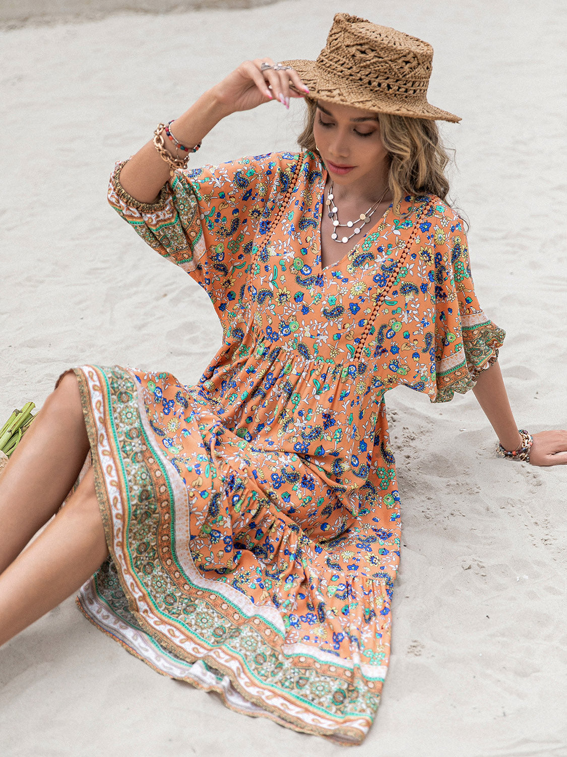 Printed V-Neck Short Sleeve Maxi Dress - ClozArt