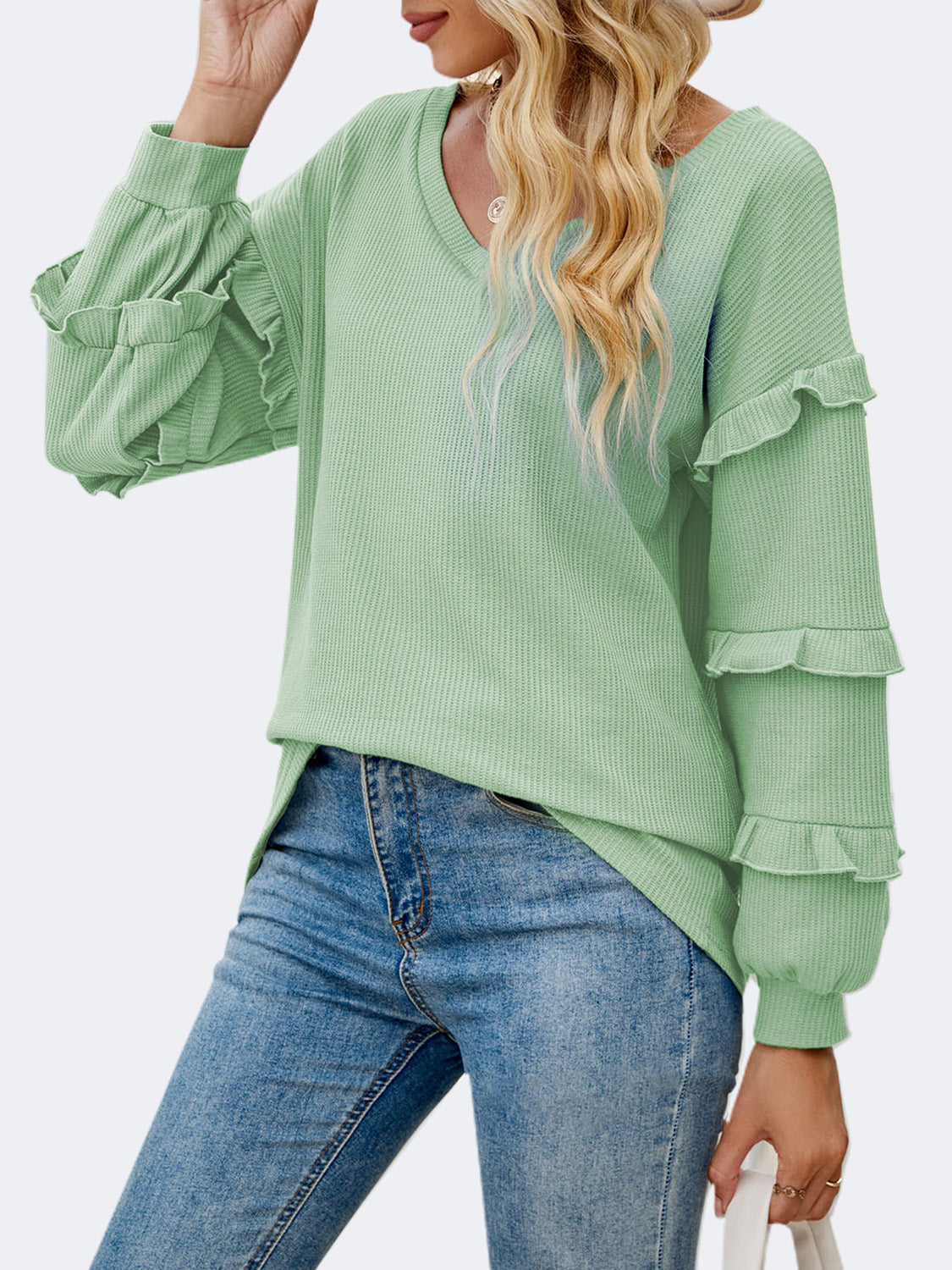 Ruffled V-Neck Long Sleeve T-Shirt