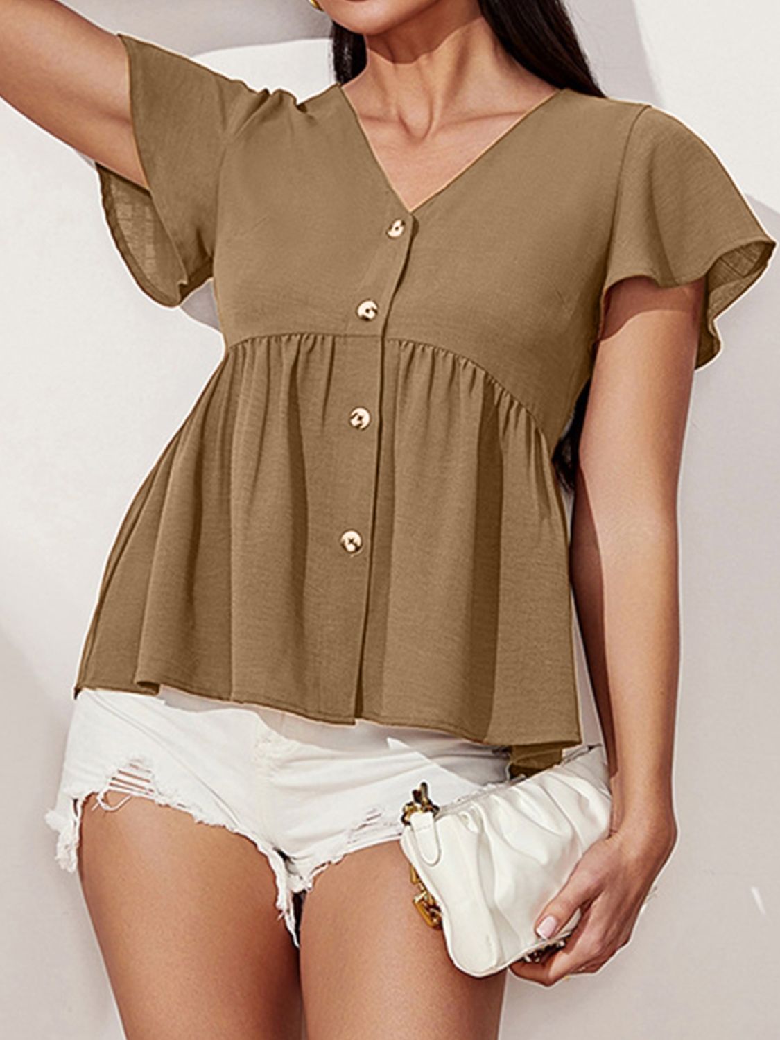 V-Neck Flutter Sleeve Blouse