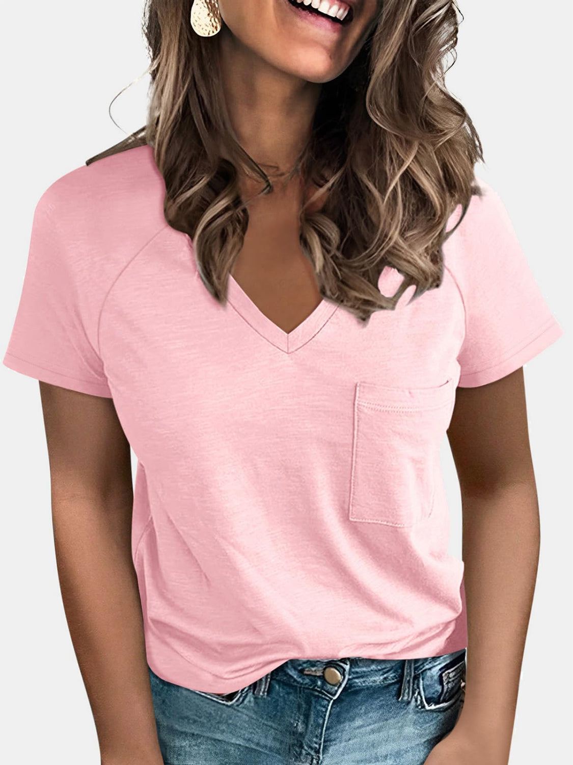 Pocketed V-Neck Short Sleeve T-Shirt