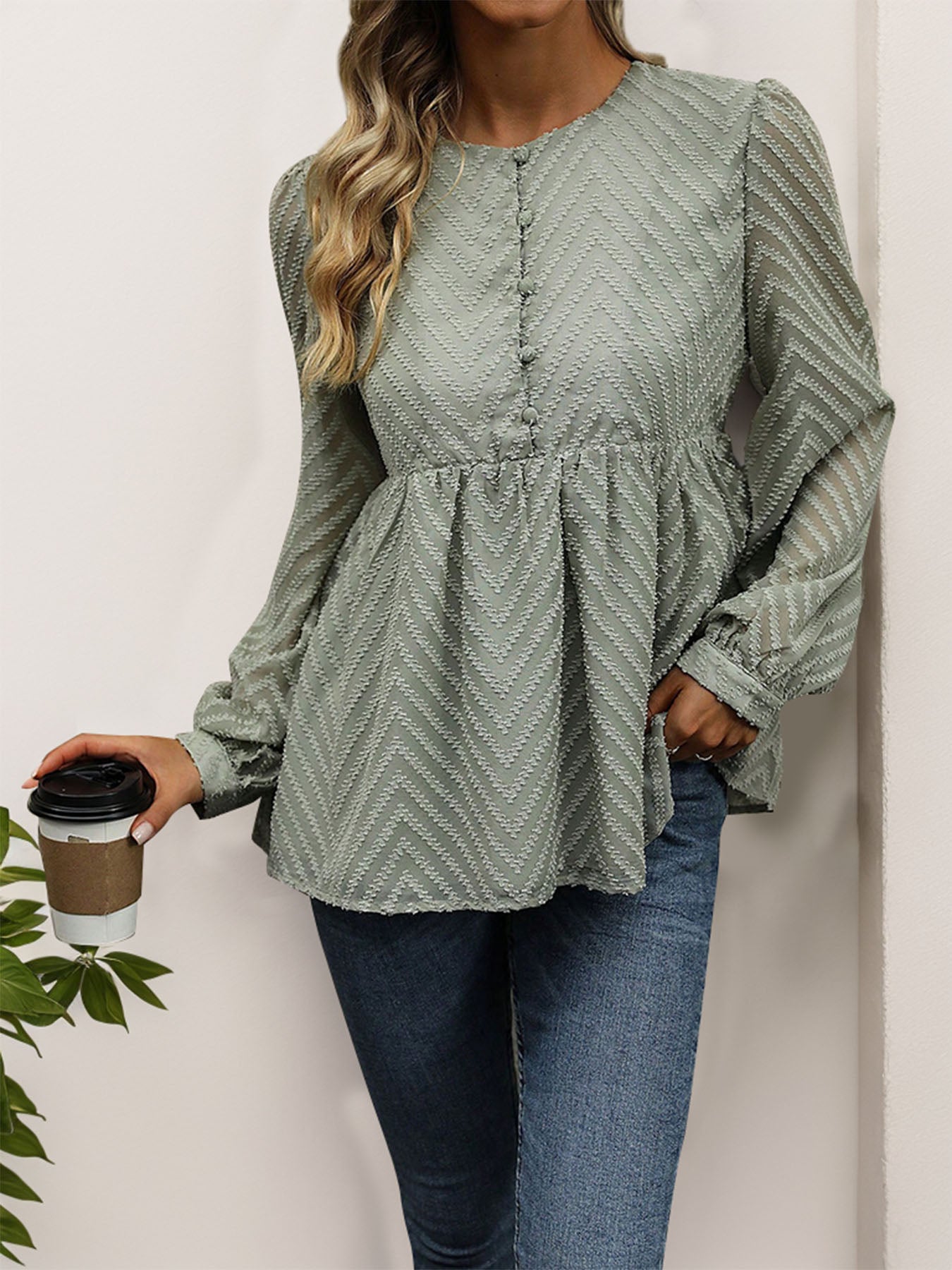 Perfee Peplum Round Neck Long Sleeve Blouse