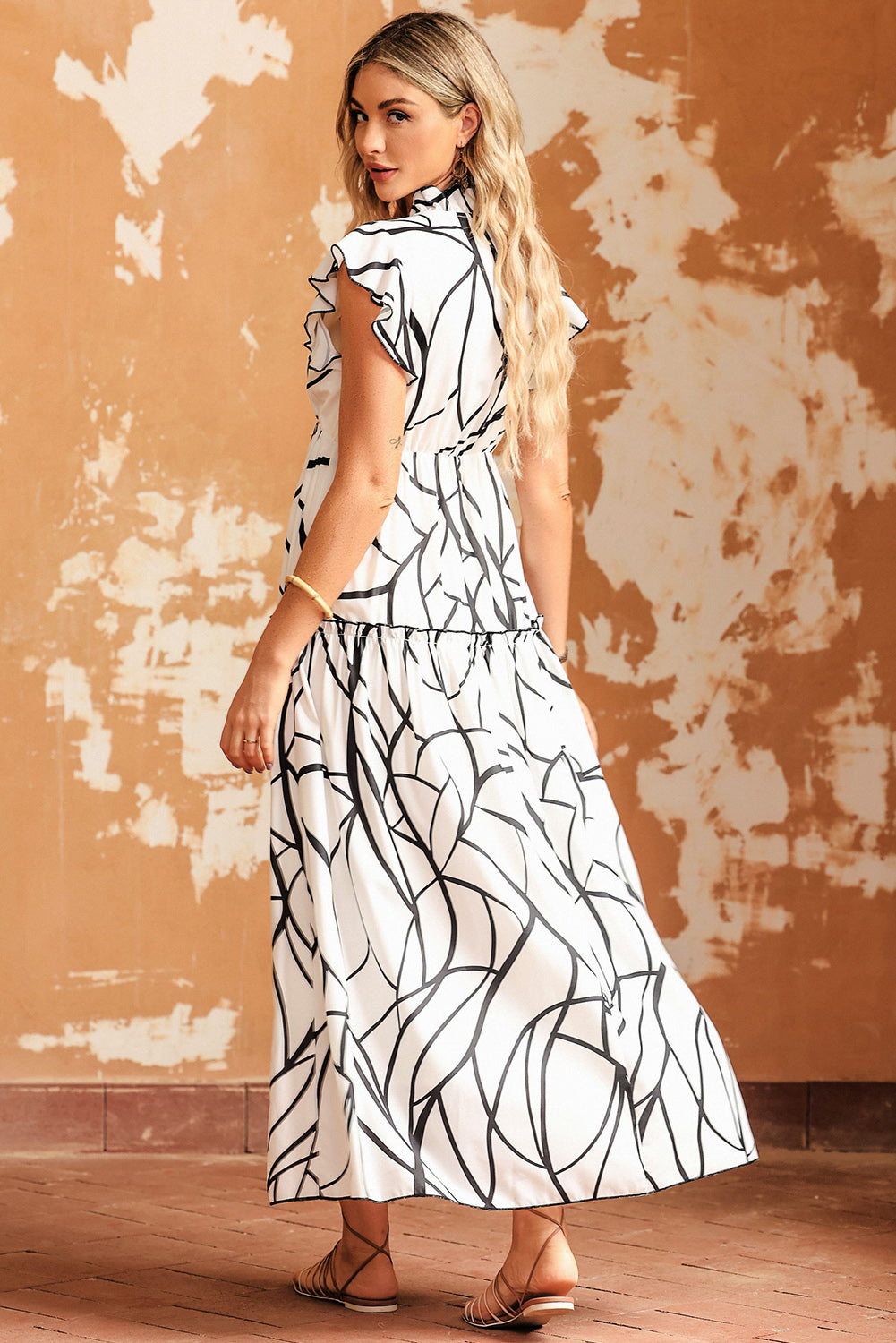 Ruffled Printed Surplice Cap Sleeve Dress - ClozArt