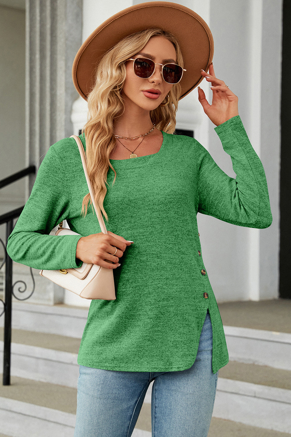 Slit Decorative Button Square Neck T-Shirt