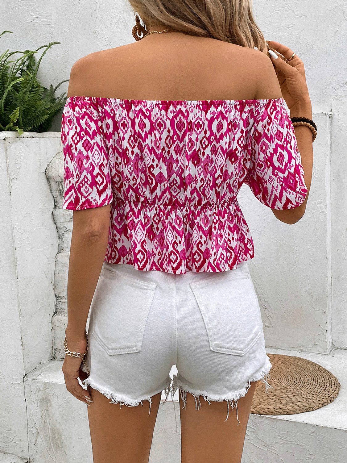 Perfee Peplum Printed Off-Shoulder Short Sleeve Blouse