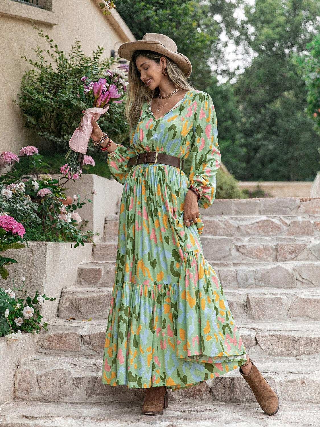 Printed Tie Neck Long Sleeve Maxi Dress - ClozArt