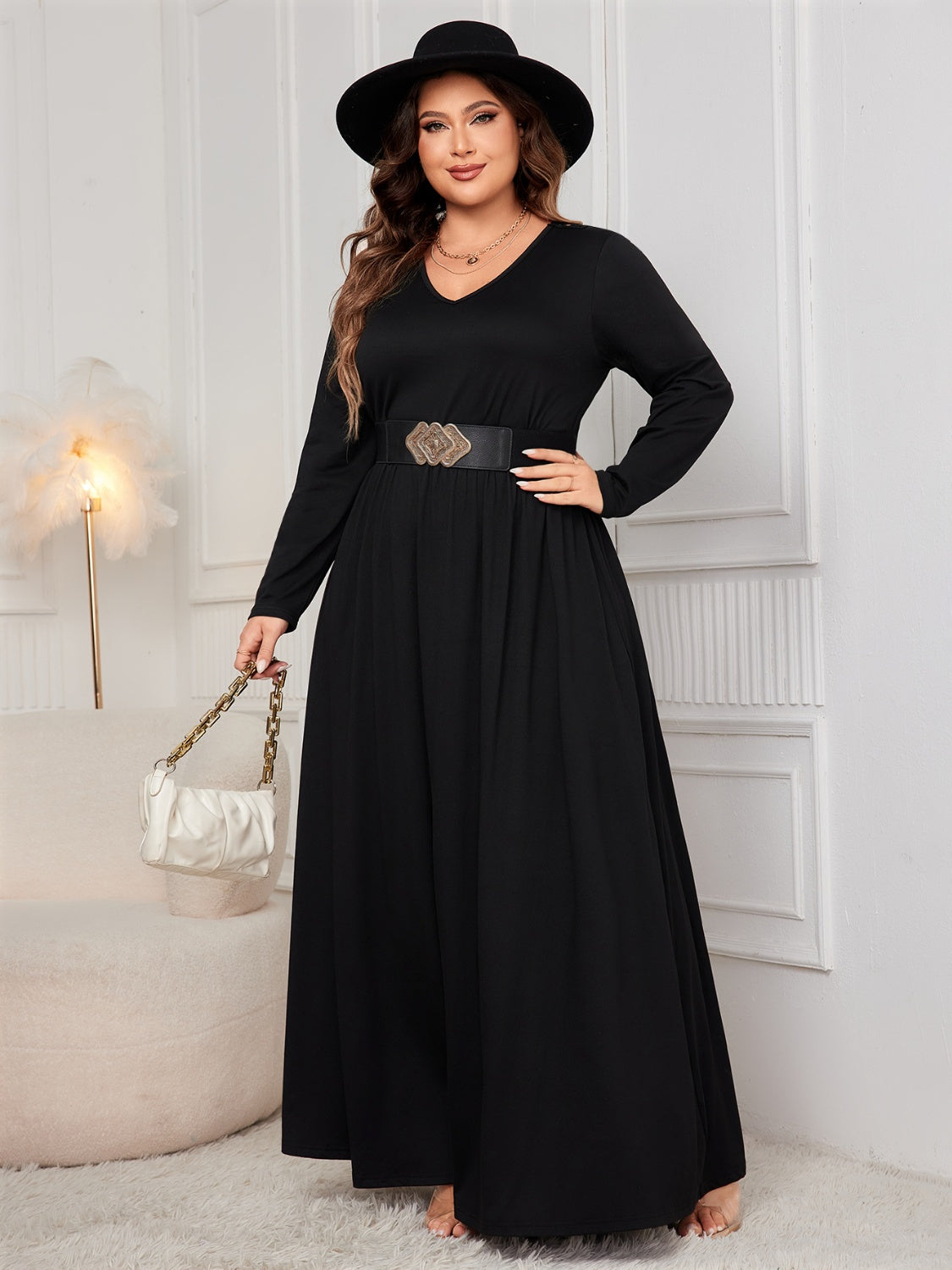 Honey Plus Size Cutout V-Neck Long Sleeve Maxi Dress - ClozArt