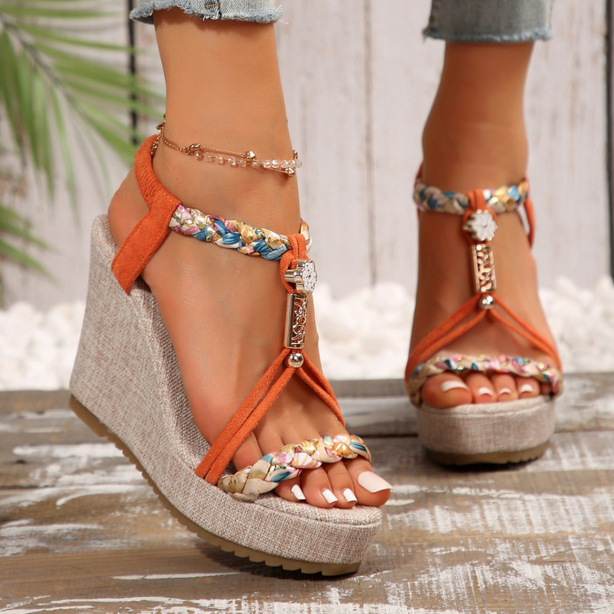 Braided Strap Wedge Sandals - ClozArt