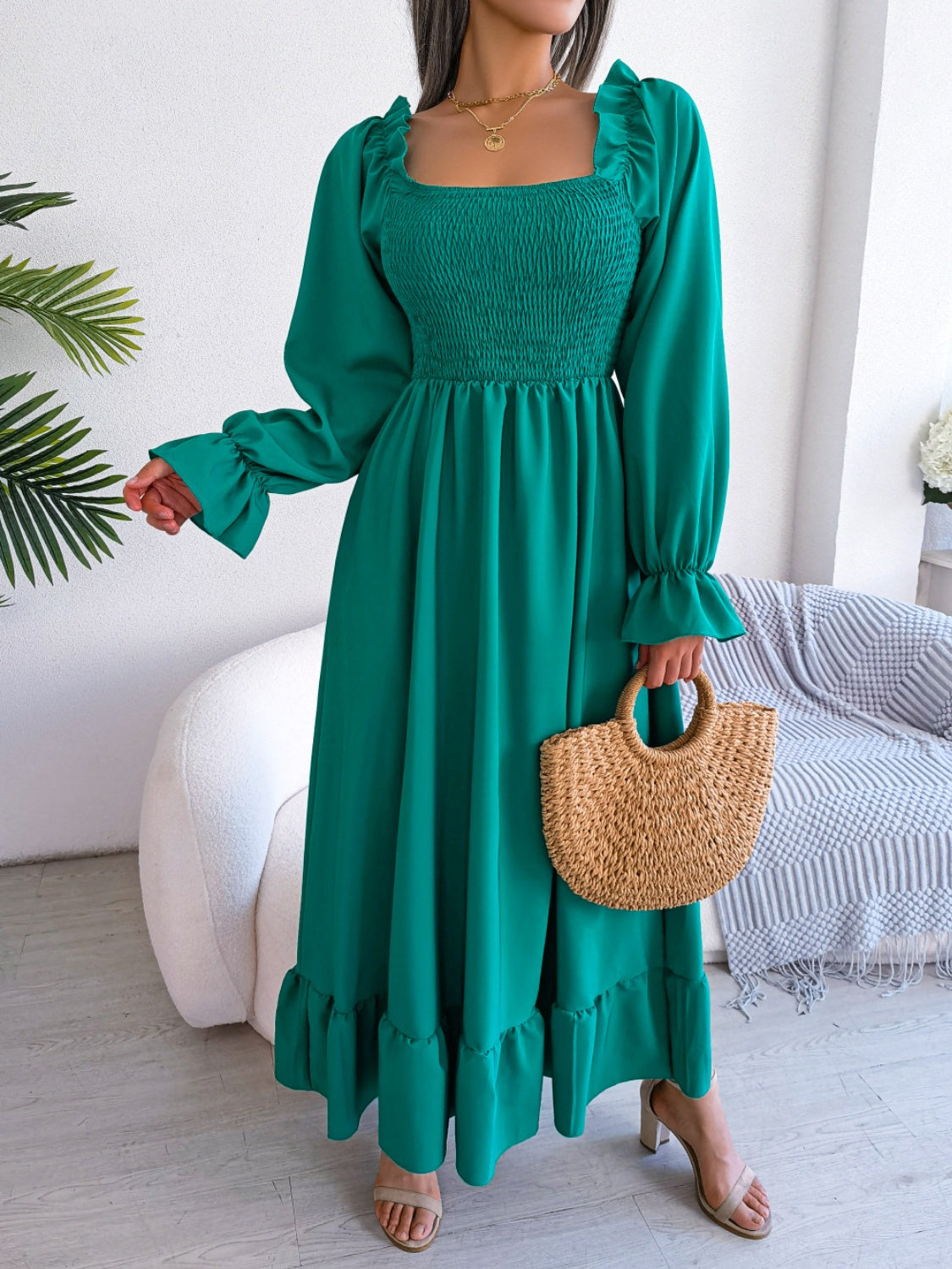 Smocked Square Neck Flounce Sleeve Dress - ClozArt