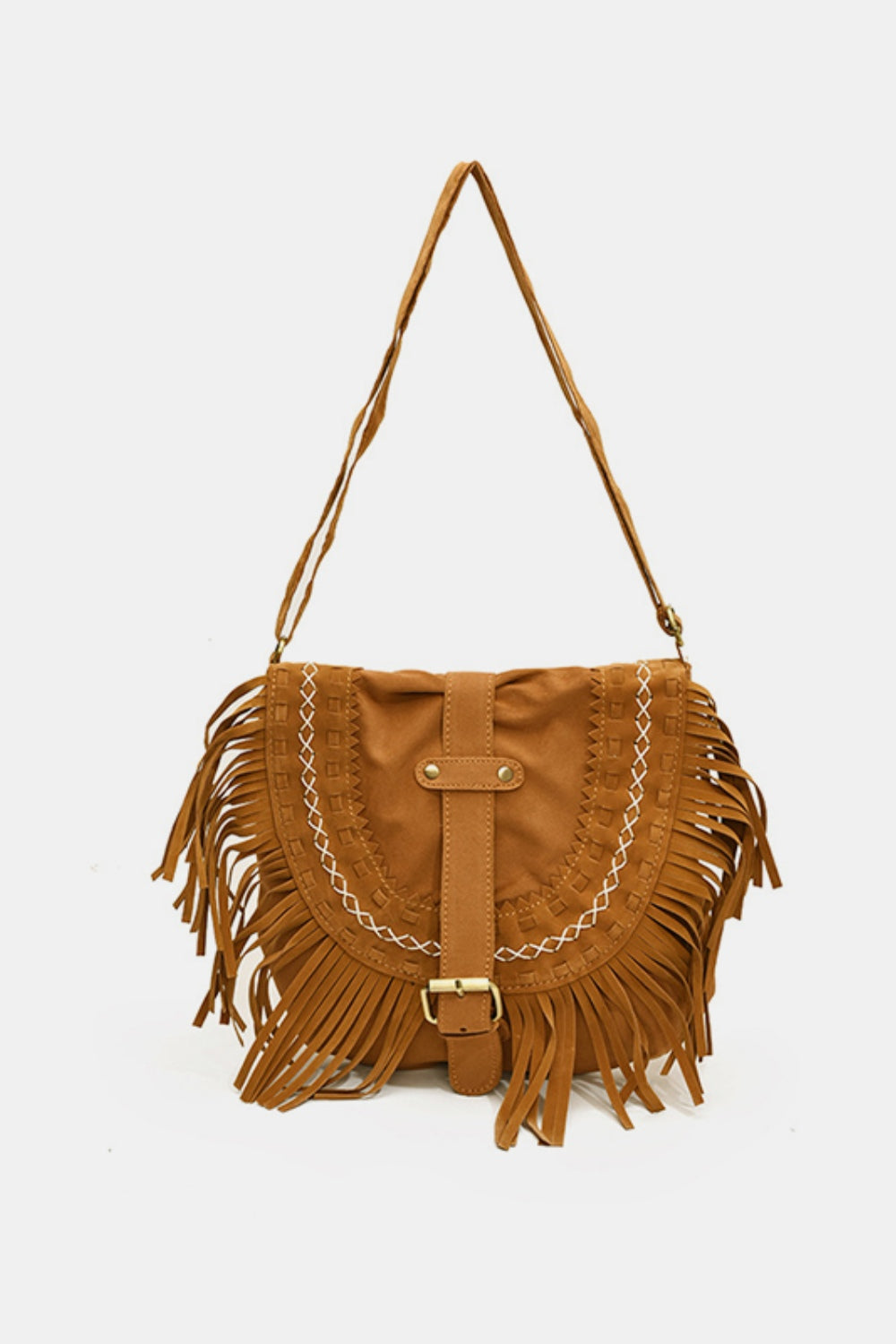 Suede Fringe Wide Strap Shoulder Bag - ClozArt