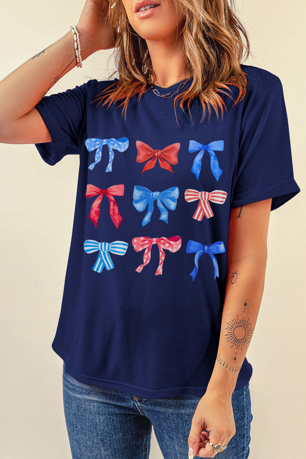 Bow Graphic Round Neck Short Sleeve T-Shirt