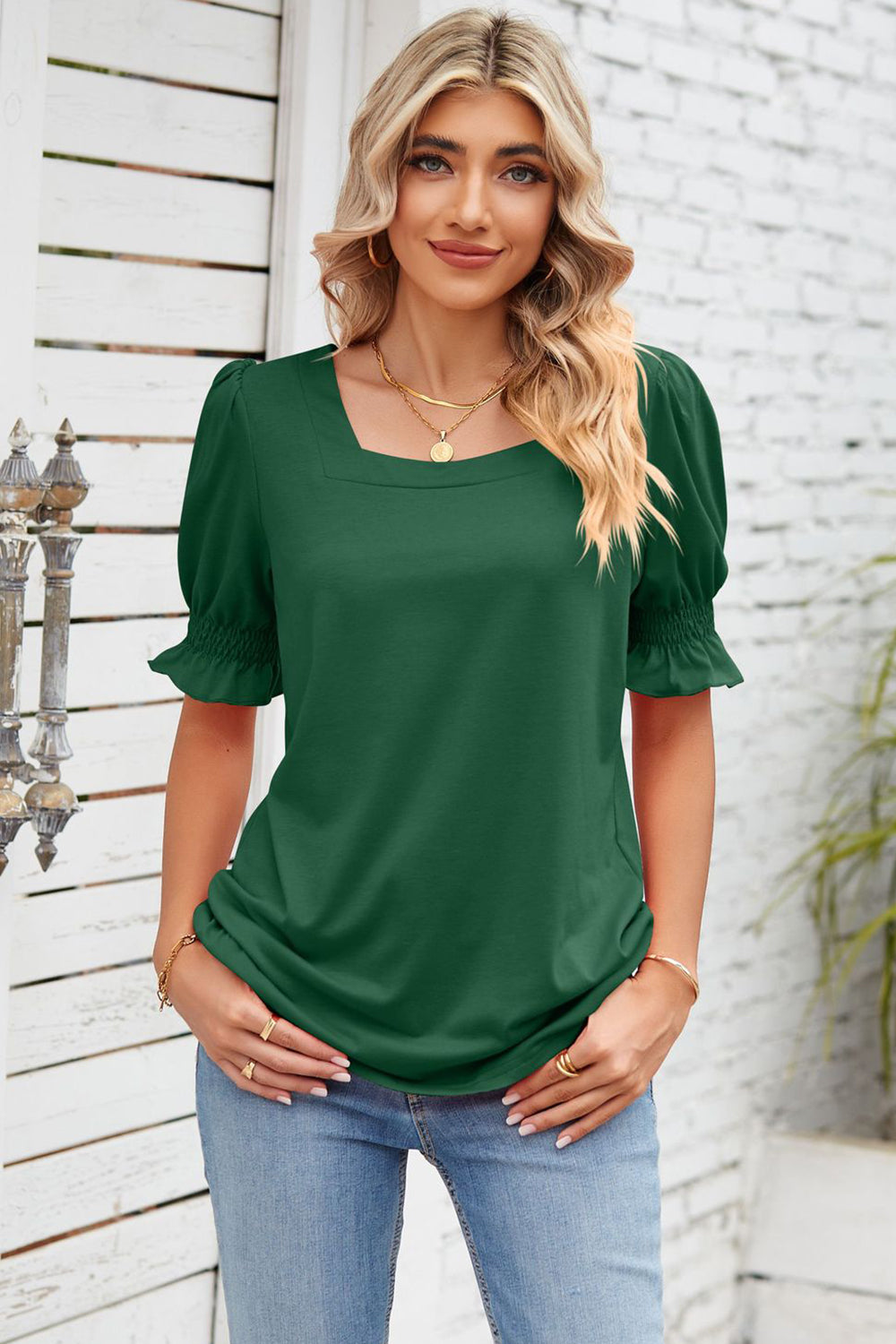 Smocked Square Neck Short Sleeve T-Shirt