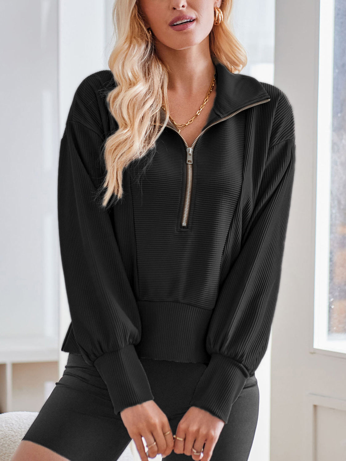 Lovelet Ribbed Half Zip Collared Neck Sweatshirt