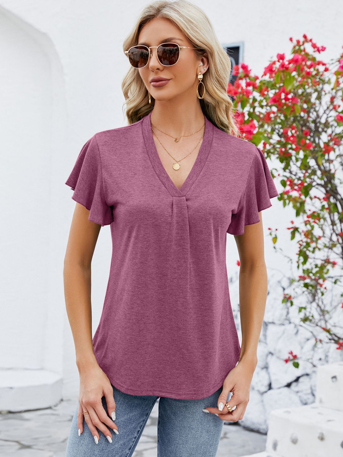 V-Neck Flutter Sleeve T-Shirt