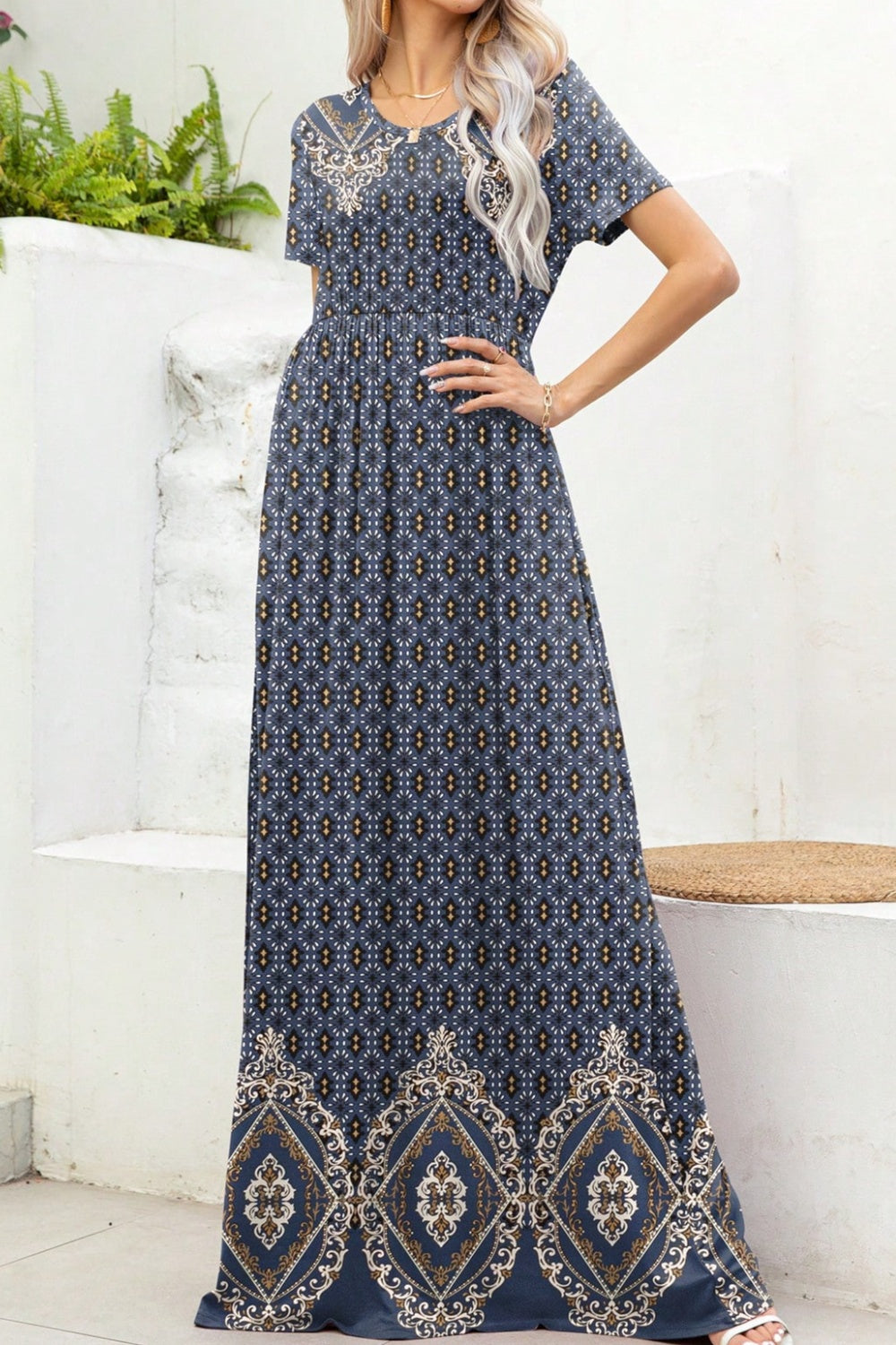 Printed Round Neck Short Sleeve Maxi Dress - ClozArt