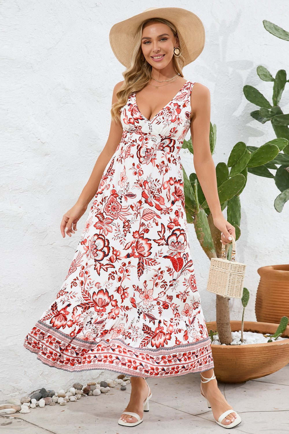 Printed V-Neck Wide Strap Dress - ClozArt