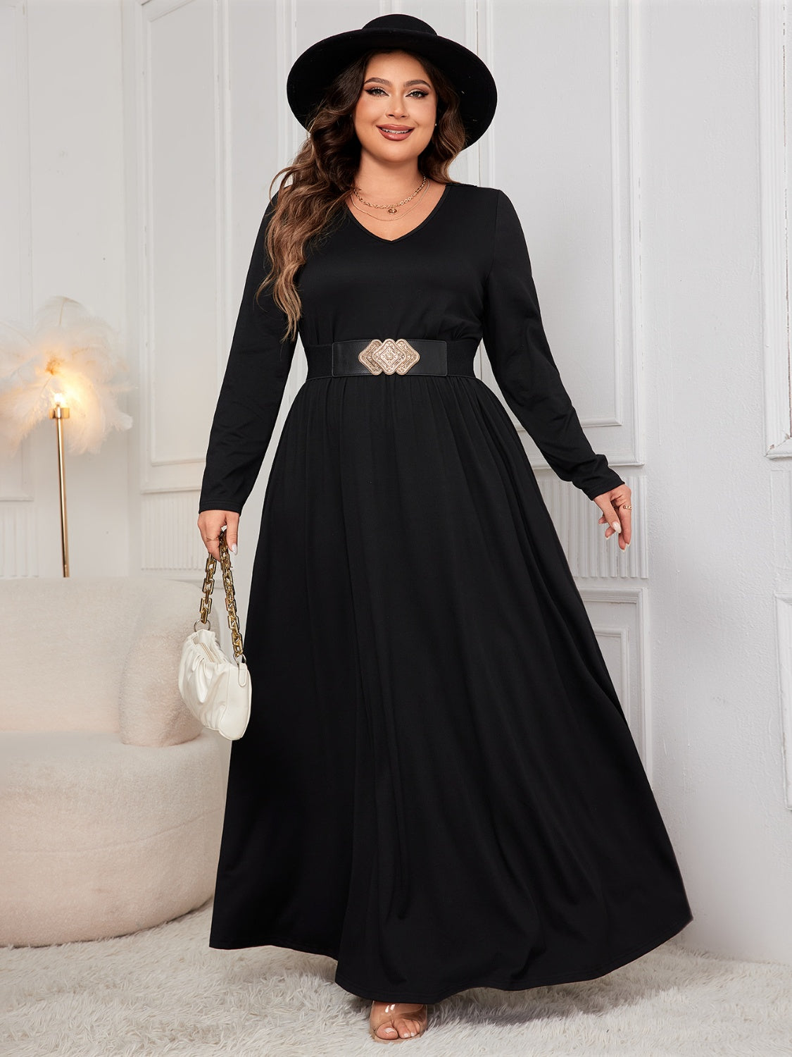 Honey Plus Size Cutout V-Neck Long Sleeve Maxi Dress - ClozArt