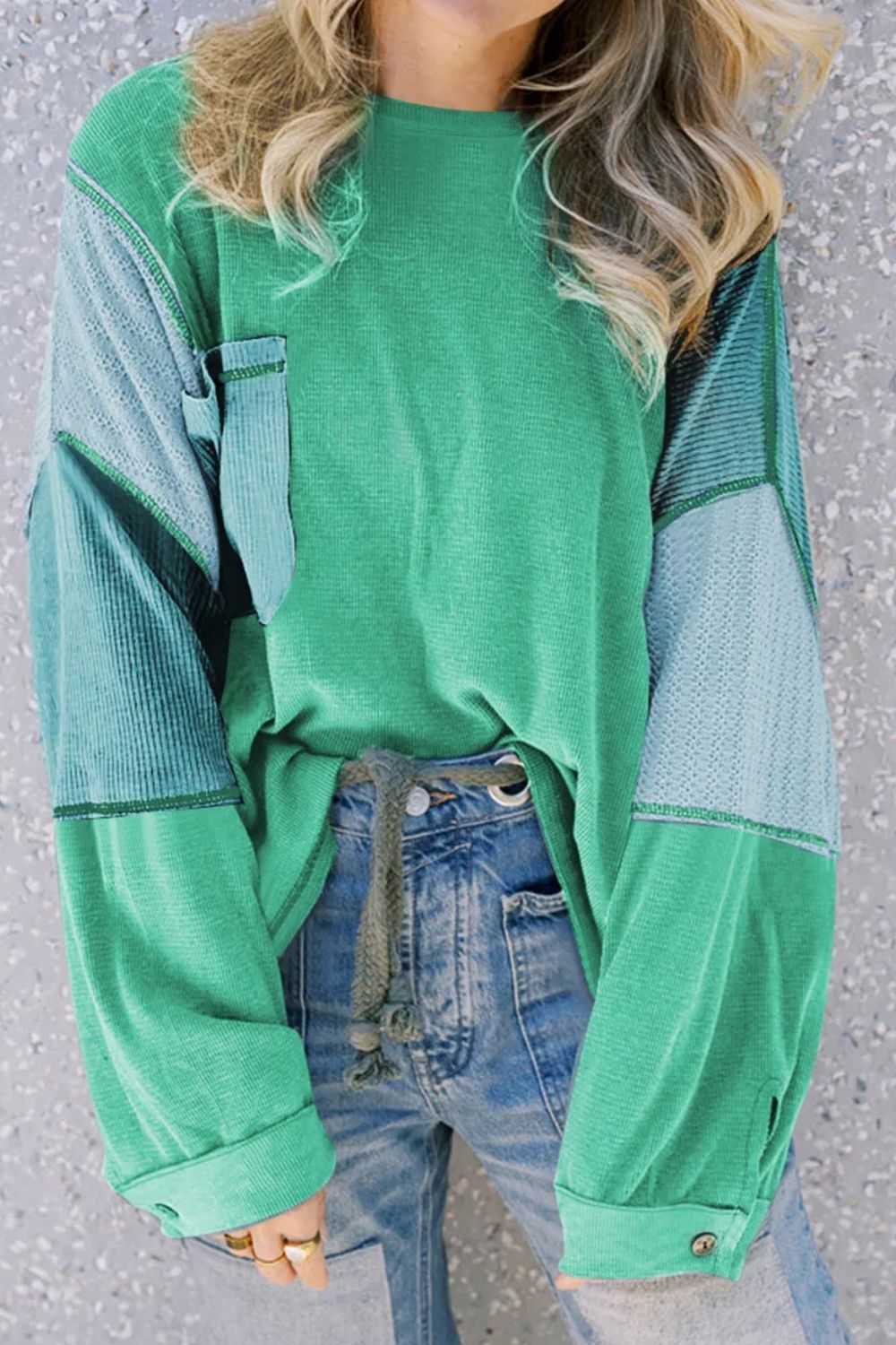 Patchwork Color Block Round Neck Long Sleeve Top