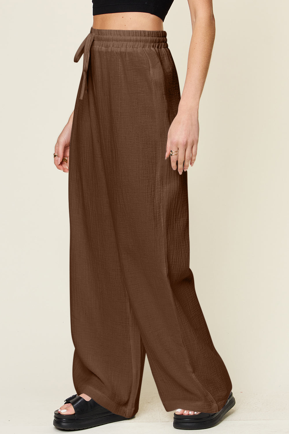 Double Take Full Size Texture Drawstring Wide Leg Pants - ClozArt