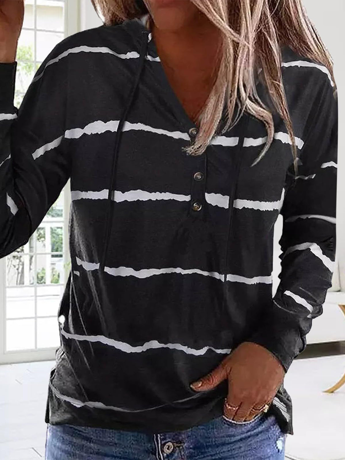 Drawstring Striped Long Sleeve Hoodie