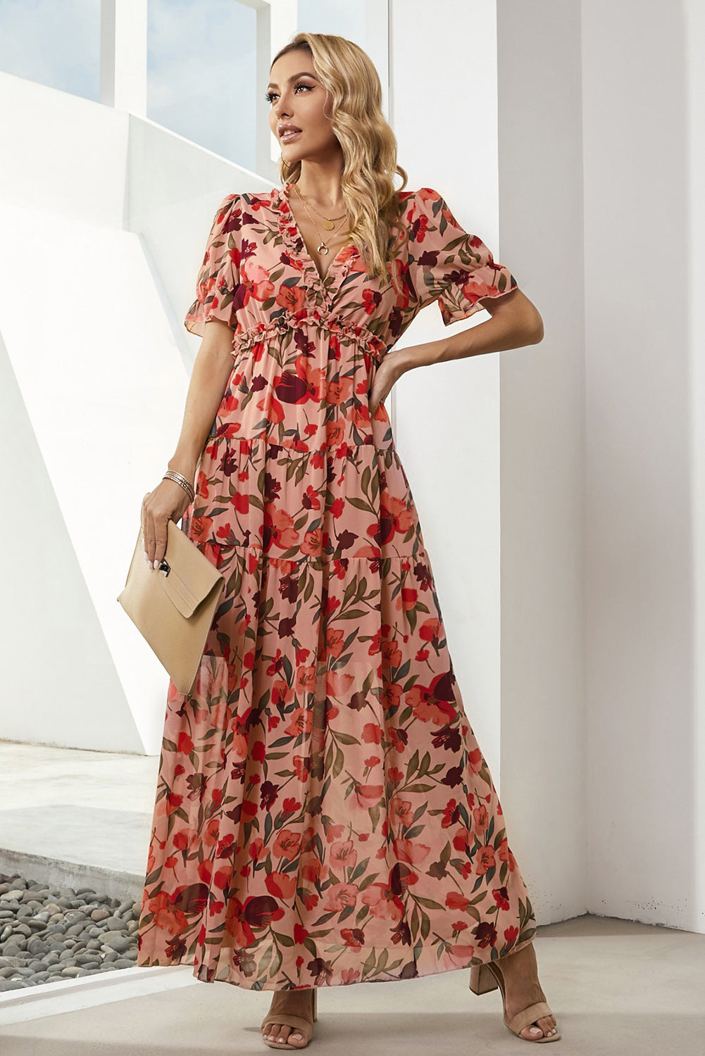 Floral V-Neck Short Flounce Sleeve Dress - ClozArt